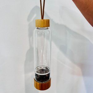 Crystal Water Bottle with Natural Quartz Gemstone Chips Bamboo Lid with Handle